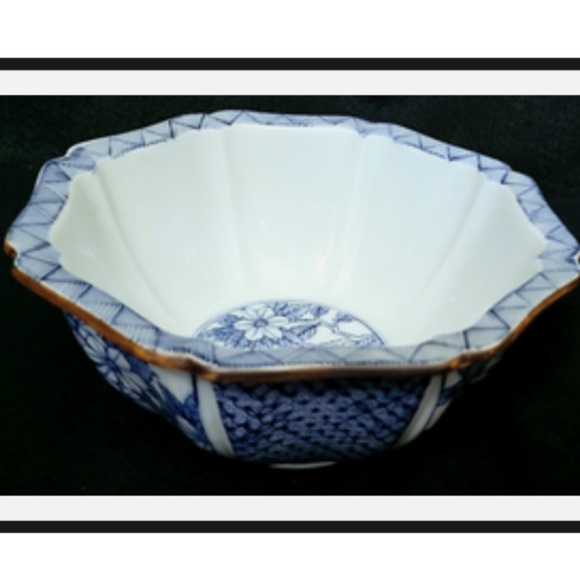 FITZ AND FLOYD Japan Octagon Vegetable Bowl, Ceramic Blue & White w/ Brown rim - Picture 1 of 7